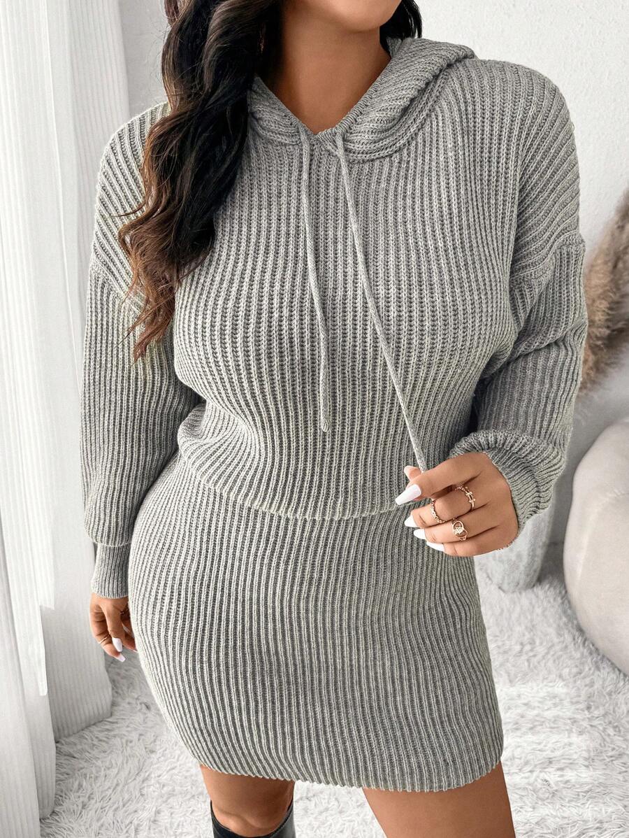 SHEIN Frenchy Plus Size Solid Color Hooded Long Sleeve Sweater Dress - Grey - View 1