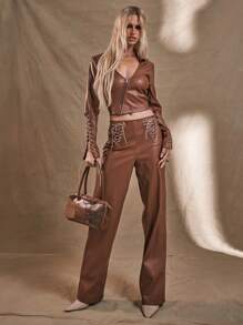 MUSERA WESTERN Lace Up Side Straight Leg Trousers Boho Summer Cute Festival Party Club Chic Elegant - Brown - View 3