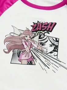 Winx Club X ROMWE Camiseta corta de manga raglán con contraste de color, diseño de personaje de dibujos animados y letras, estilo casual Y2K, para verano - Multicolor - Ver 3