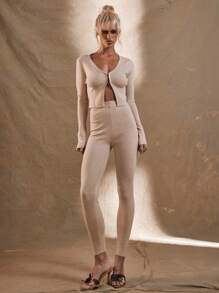 MUSERA WESTERN Solid High Waist Knit Pants - Khaki - View 1