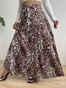 SHEIN Clasi Plus Size Women's Vacation Tie Knot Leopard Print Side Slit Skirt - Multicolor - View 2