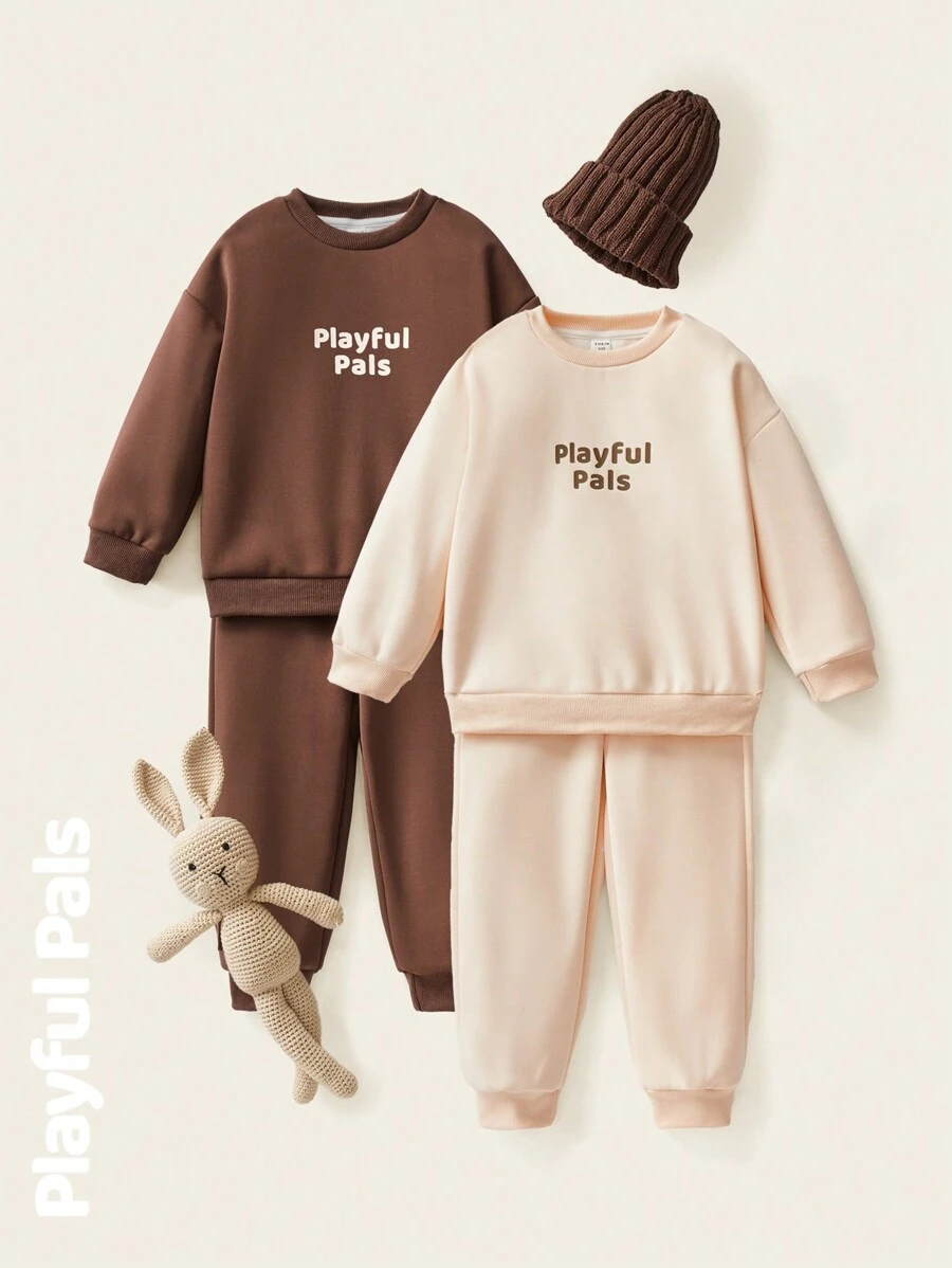 SHEIN 4pcs Young Girl Letter Slogan Long Sleeve Round Neck 2 Pieces Set,Cute Retro Casual Home Outdoor Back-To-School Autumn Career Day Versatile Essentials - Multicolor - View 1