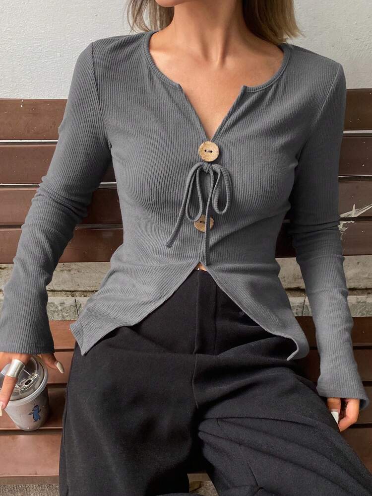 Women Solid Color Long Sleeve Tie Front Buttoned Fitted T-Shirt,Fall Clothes