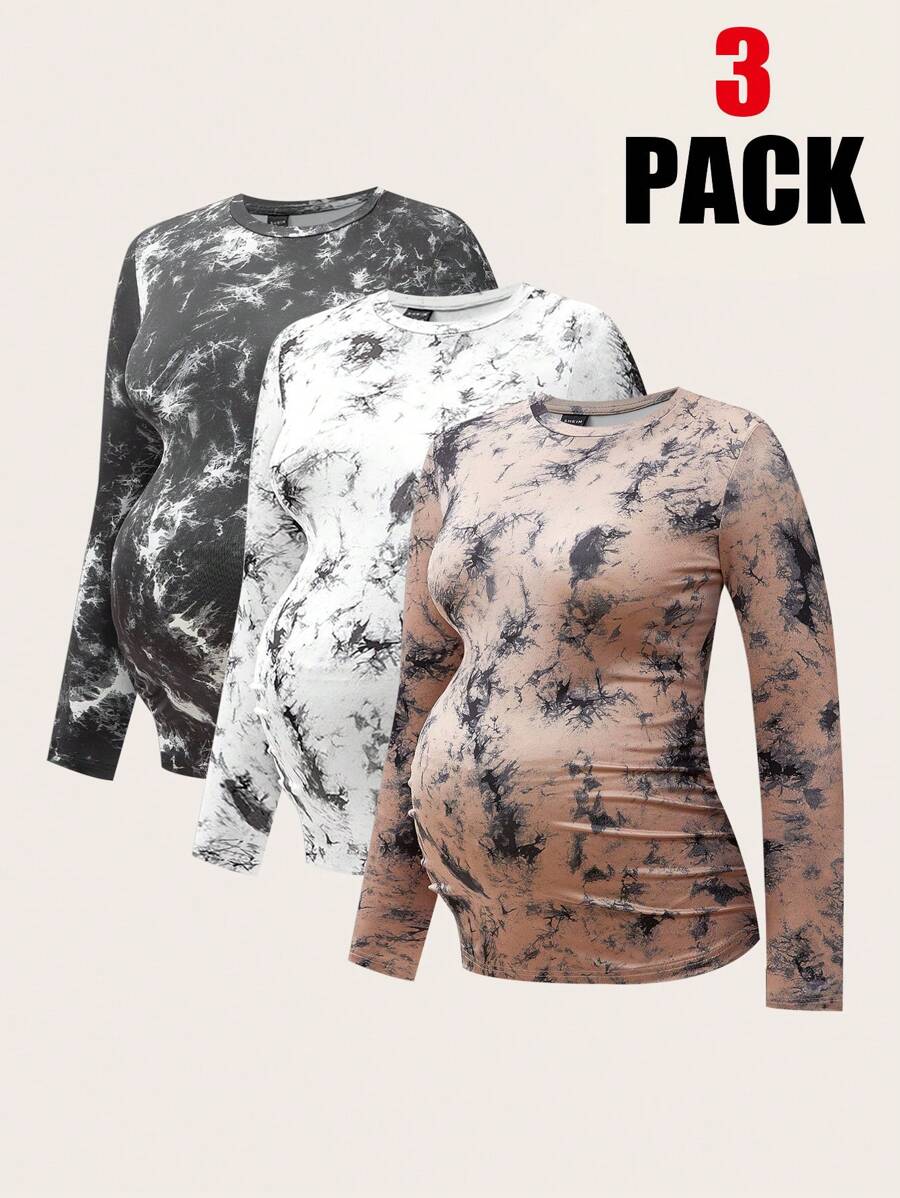 SHEIN 3 pièces/Set Top de maternité décontracté à col rond manches longues, ensemble de t-shirts moulants de grossesse - Multicolore - Voir 1