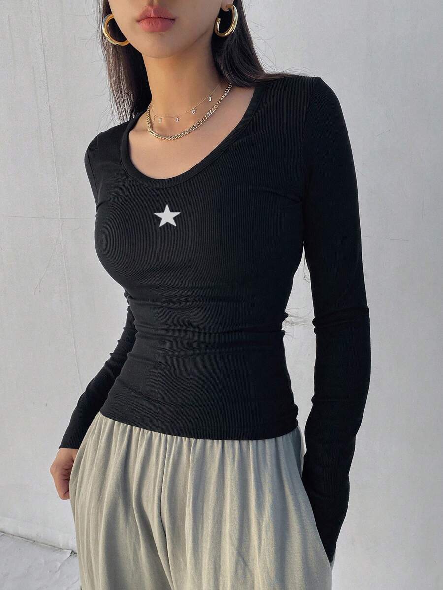 Dazy Star Women Solid Color Ribbed Star Print Slim Fit Long Sleeve T-Shirt Y2k,Fall Clothes - Black - View 1