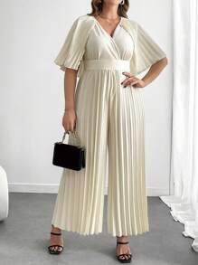 Celure Plus Size V-Neck Collared Foldover Jumpsuit With Long Sleeves