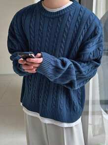 DAZY 1pc Men's Autumn Navy Blue Ribbed Twisted Flower Pattern Sweater - Blue - View 2