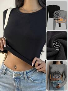 SHEIN BASICS 2 件纯色针织圆领长袖修身短款 T 恤，升级保暖面料，保暖内衬，不显臃肿，基本款弹性百搭秋冬女式上衣 - 淺灰色 - 查看 12