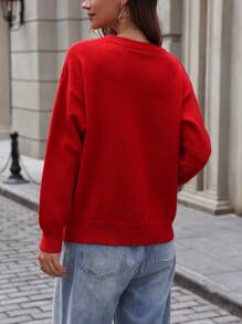 Femmeiva 1pc Letter Sequin 3D Embroidered Crew Neck Long Sleeve Knitted Sweater, Random Color Fall Winter - Red - View 2