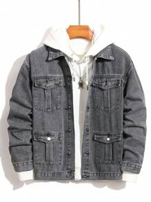 Manfinity Homme 男士休闲洗水宽松牛仔夹克秋季 - 灰色 - 查看 1