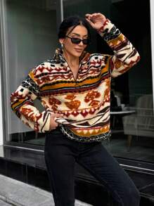 EURMUSE Geo Print Half Zip Drop Shoulder Sweatshirt - Multicolor - View 5