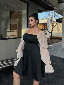 Flirla Vestido de manga larga de malla de lujo ligero con contraste para mujer de talla grande, vestido negro elegante de estilo francés de primavera y otoño con cintura ceñida para fiesta de noche