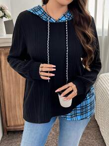 SHEIN LUNE 大码格子拼接抽绳卫衣，秋季休闲款 - 彩色 - 查看 4