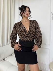 Celure Plus Size Sexy Deep V-Neck Long Sleeve Leopard Print Bodysuit - Multicolor - View 5