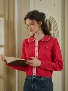 Simple Retro Women's Peter Pan Neck Patchwork Lace Sweater Cardigan - Red - View 4
