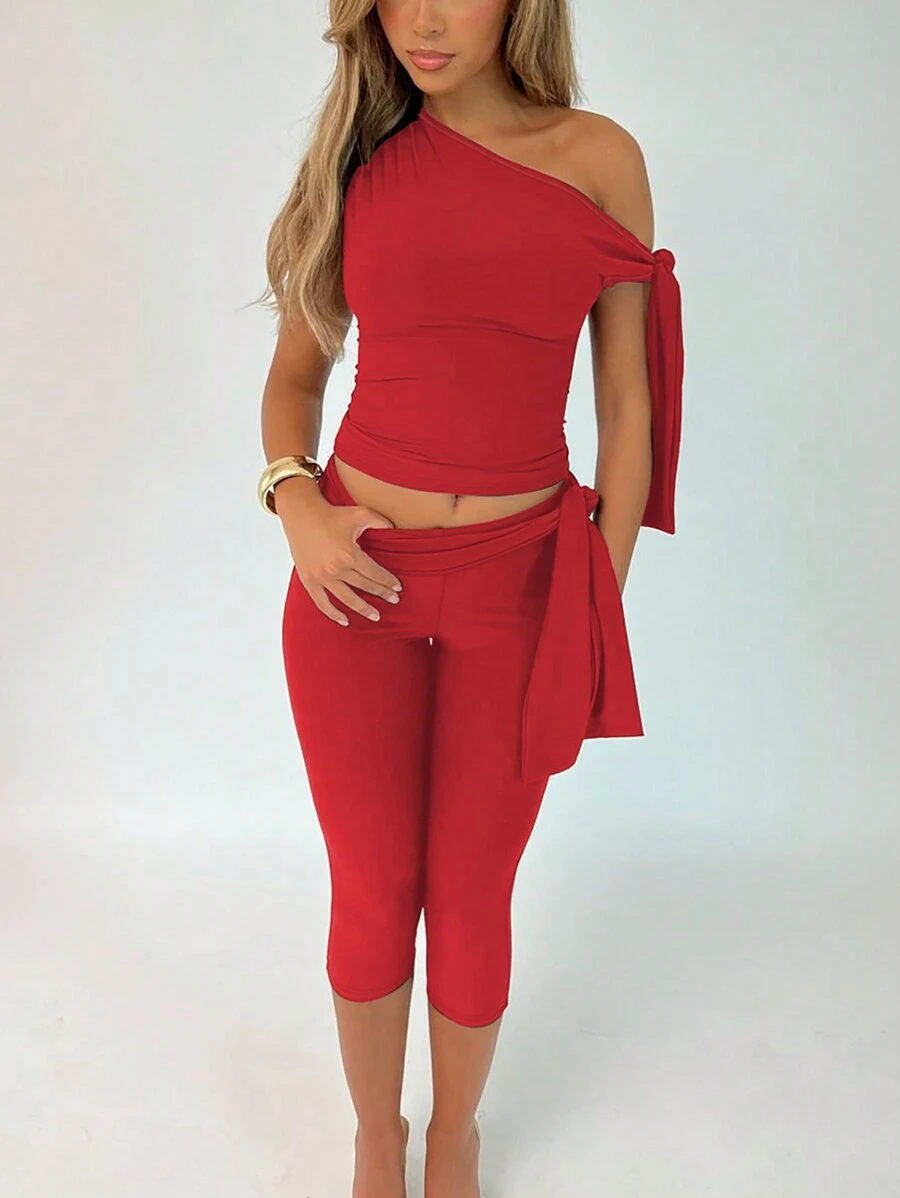 Set de 2 piezas Mujer Verano Top de cuello asimétrico de unicolor y Pantalones Capri - Rojo - Ver 1