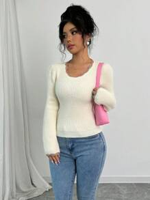 Elenzga 2024 Autumn/Winter New Ladies Colorful Striped Round Neck Long Sleeve Knitted Sweater, Fall - Apricot - View 3