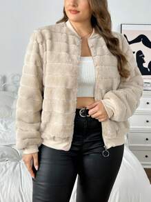 SHEIN Privé Chaqueta casual de unicolor y esponjosa para otoño/invierno en tallas grandes - Albaricoque - Ver 5