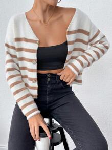 SHEIN Women Striped Long Sleeve Single-Breasted Casual Short Cardigan, Autumn/Winter