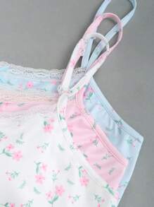 SHEIN Unity 夏季可爱碎花蕾丝边饰蝴蝶结吊带背心 - 彩色 - 查看 3