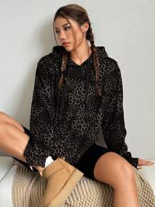 Flirla Sudadera con capucha casual de manga larga con estampado de leopardo