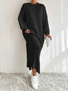 EURMUSE Solid Split Side Drop Shoulder Long Sweater Dress For Autumn & Winter - Black - View 3