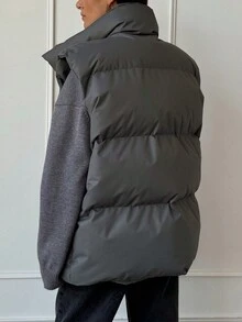 Women Casual Solid Color Oblique Pocket Zipper Front Vest, Does Not Include Sweater - Grey - View 2