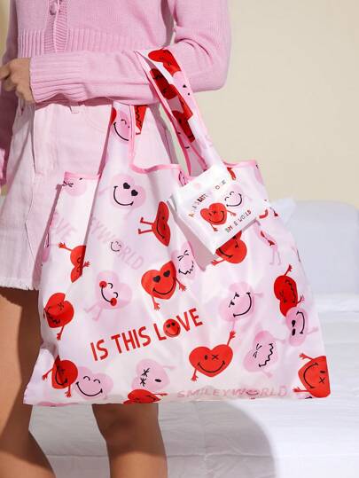 SmileyWorld® | SHEIN Bolsa de compras plegable y portátil con diseño de cara sonriente, para el Día de San Valentín