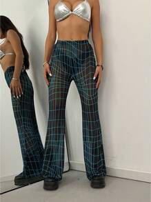 StreetHx 几何线条印花夜光喇叭腿性感透视裤 - 藍色 - 查看 6