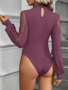 SHEIN Clasi 1 件女士纯色立领网眼拼接优雅长袖紧身衣 - 藕粉色 - 查看 2