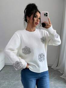 SHEIN Unity Women Floral Pattern Round Neck Casual Fashionable Long Sleeve Knit Sweater Top, Knit Pullover Fall Winter - White - View 3