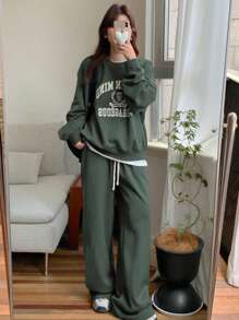 DAZY 2pcs/Set Women Letter Print Crew Neck Long Sleeve Top And Pants Casual Outfit