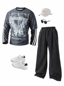 SHEIN Bộ 2 quần denim ống rộng và áo hoodie in họa tiết hỗn hợp phong cách Goth Punk cho bé trai tuổi teen, thích hợp mặc thường ngày - Nhiều màu - Xem 1