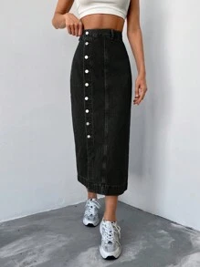 EURMUSE Button Front Split Thigh Denim Skirt - Black - View 3