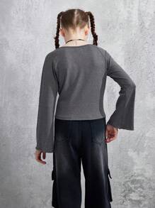 SHEIN Explorewe Goth Style Tween Girl Flare Sleeve Knit Fitted Long Sleeve T-Shirt - Grey - View 2