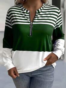 SHEIN LUNE 秋季大码休闲日常穿搭撞色条纹拉链卫衣 - 綠色 - 查看 5