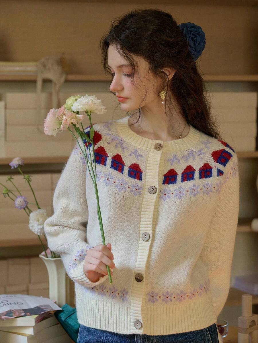 Simple Retro 女士圆领印花撞色毛衣开衫 - 杏色 - 查看 1