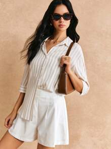 Poéselle Camicia a righe a maniche lunghe da donna, maglie estive carine, abbigliamento estivo da donna, camicia a righe color albicocca, camicia casual fresca, con bottoni, copricamicia, realizzata in materiale leggero e traspirante, adatta per vacanze, uscite casual e vita quotidiana, camicia casual da donna con bottoni, nodo e maniche tre quarti, colletto, camicia ampia a maniche lunghe in viscosa multicolore a spalle cadenti, per primavera/autunno, abbigliamento professionale/aziendale/da lavoro - Multicolore - Visualizzare 4