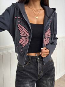 Seusyu Women's Butterfly Print Minimalist Front Zip Up Hoodie Sweatshirt - Dark Grey - View 2