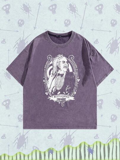Beetlejuice | ROMWE Men's Casual Loose Fit Figure Graphic & Letter Print Short Sleeve T-Shirt, Summer