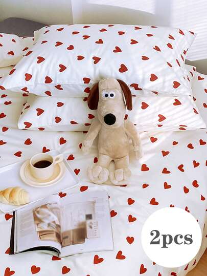 2pcs Red Heart Shape Romantic Pillow Covers, Cute For Girls/Boys, Students, Dorm Decor, Weddings, All Seasons, Fits Full/Twin/Queen/King Sizes