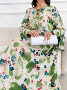 Al Najma Women's Drawstring Long Sleeve Allover Print Elegant Arabian Modest Dress Fall Cloth For Women - Green - View 8