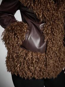 SHEIN BAE 女士人造毛拼接纯色长袖夹克，秋冬秋季女装万圣节风俗女装秋季女装演唱会服装棕色皮夹克拼接长款皮草复古大衣保暖百搭，适合派对、通勤和外出 - 咖啡棕 - 查看 9