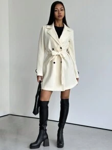 Firerie 女士优雅简约时尚撞色装饰腰带双扣腰带白色 A 字型大衣 - 米色 - 查看 4