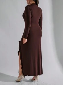 RueChic Plus Women's Solid Ruffle Trim Split Thigh Bodycon Dress - Coffee Brown - View 2