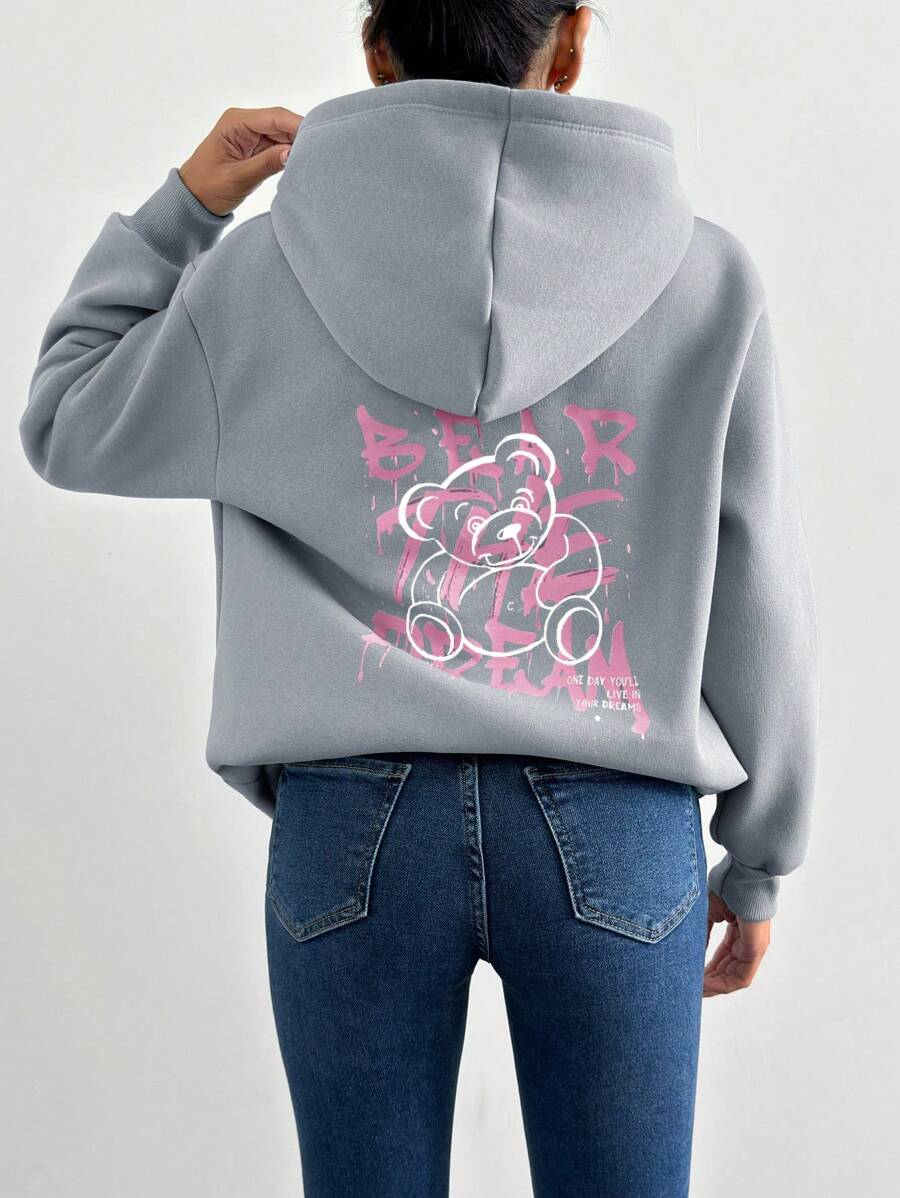 EURMUSE Women's Letter & Cartoon Graphic Print Hooded Sweatshirt ,Petite Women - Light Grey - View 1