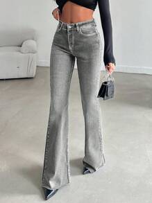EURMUSE 98%Cotton Ladies' Solid Color Simple Style Jeans - Light Grey - View 4