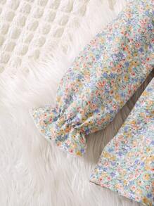 2 pezzi Set di pigiami casual a maniche lunghe con stampa floreale per ragazze, abbigliamento comodo per la casa - Multicolore - Visualizzare 4