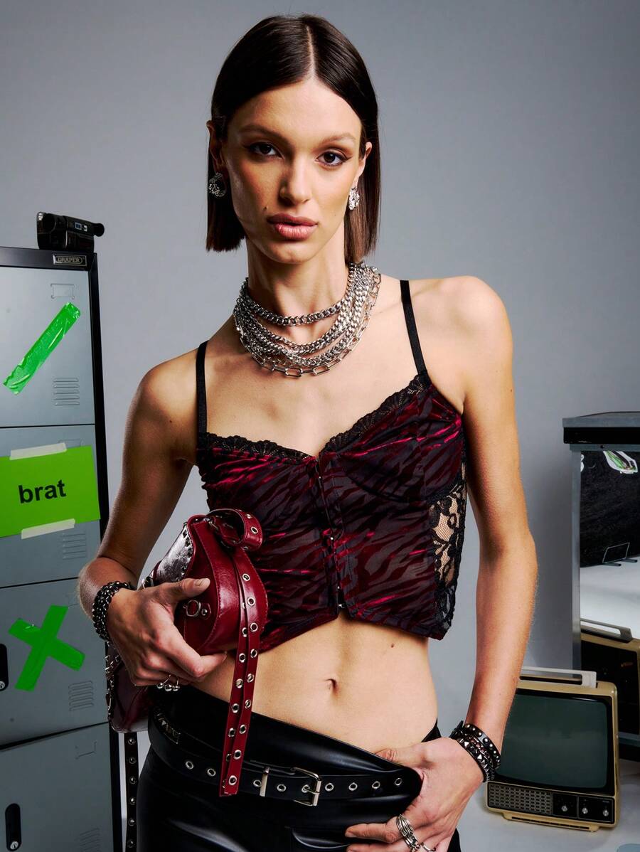 TypaGal Zebra Devore Lace Panelled Cami Corset Top