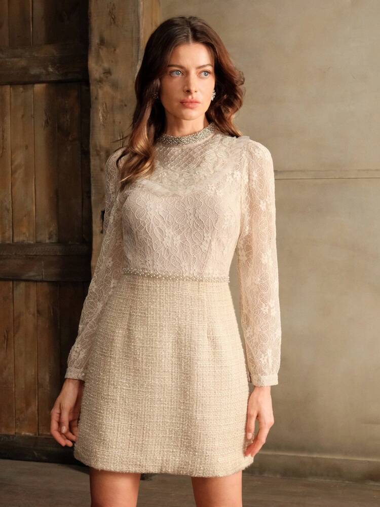 Women's Elegant French Floral Lace Patchwork Crystal Decorated Long Sleeve Mini Dress